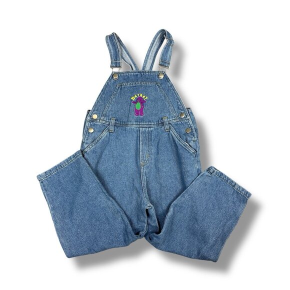 Vtg 90s Barney Denim Bibs Overalls Jeans Kids Size 6 Embroidered Dinosaur - Picture 1 of 11
